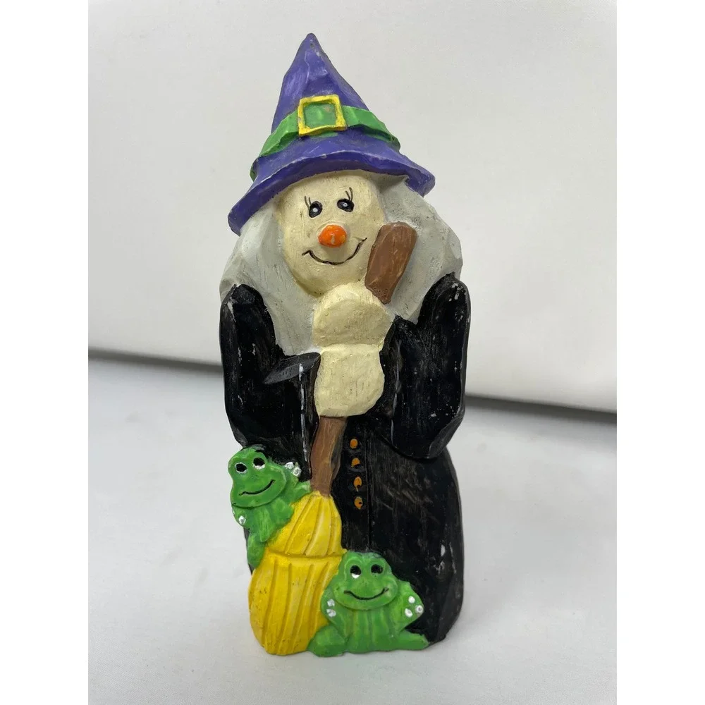 Hermitage pottery Halloween Decor Witch Figurines w/‎ Frog Cat Broom - Set of 2